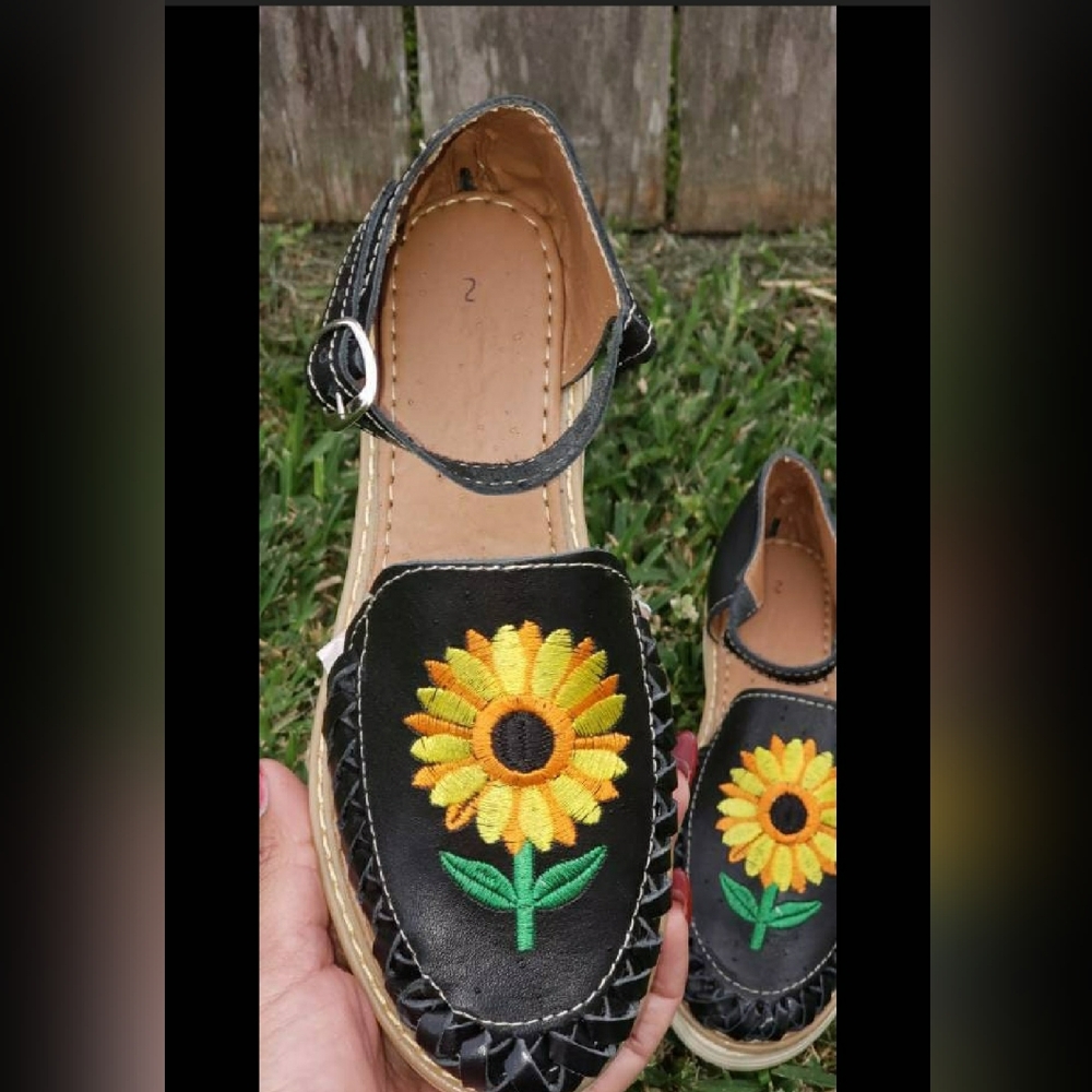 Sunflower Embroidered Flats • Black Leather Boho